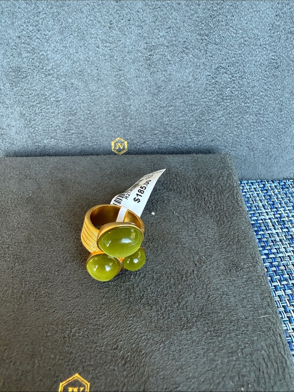 Julie Vos Gold-Tone Ring with OliveGreen  cat eye Cabochons